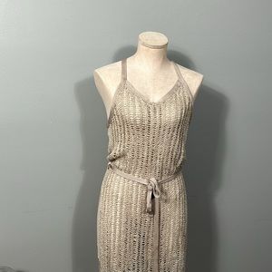 Free People Crochet like Mesh Beige See Through Belted Side Slit dress XS